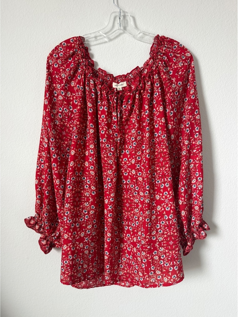 Max Studio 3/4 Sleeve Ruffled Tie Neck Floral Chiffon Peasant Blouse Size 3X